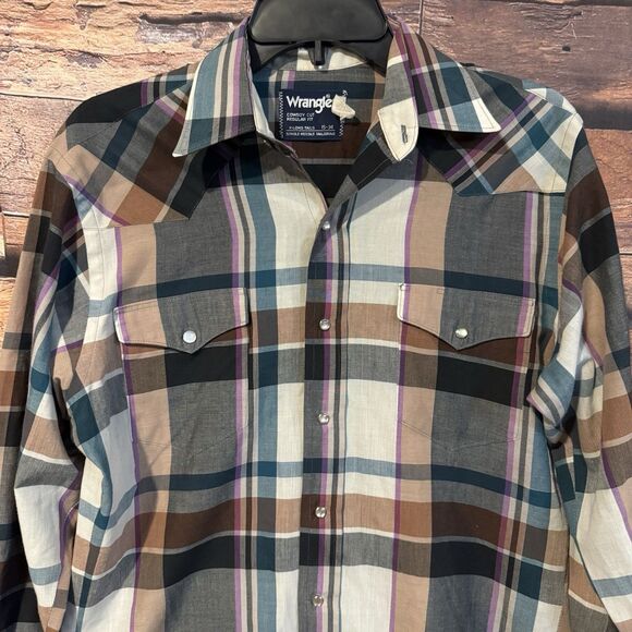 Wrangler Men's 15 - 34 Western Pearl Snap Plaid Shirt Long Sleeve Brown Blue - Picture 2 of 9